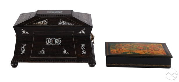 Russian Lacquered & Rosewood MOP Inlay Box 2pc LOT