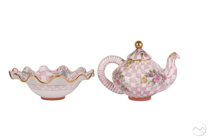 Mackenzie Childs Rose Petal Teapot & Serving Bowl