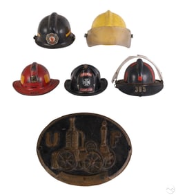 Firefighter Helmets & Cast Iron Plaque ESTATE LOT