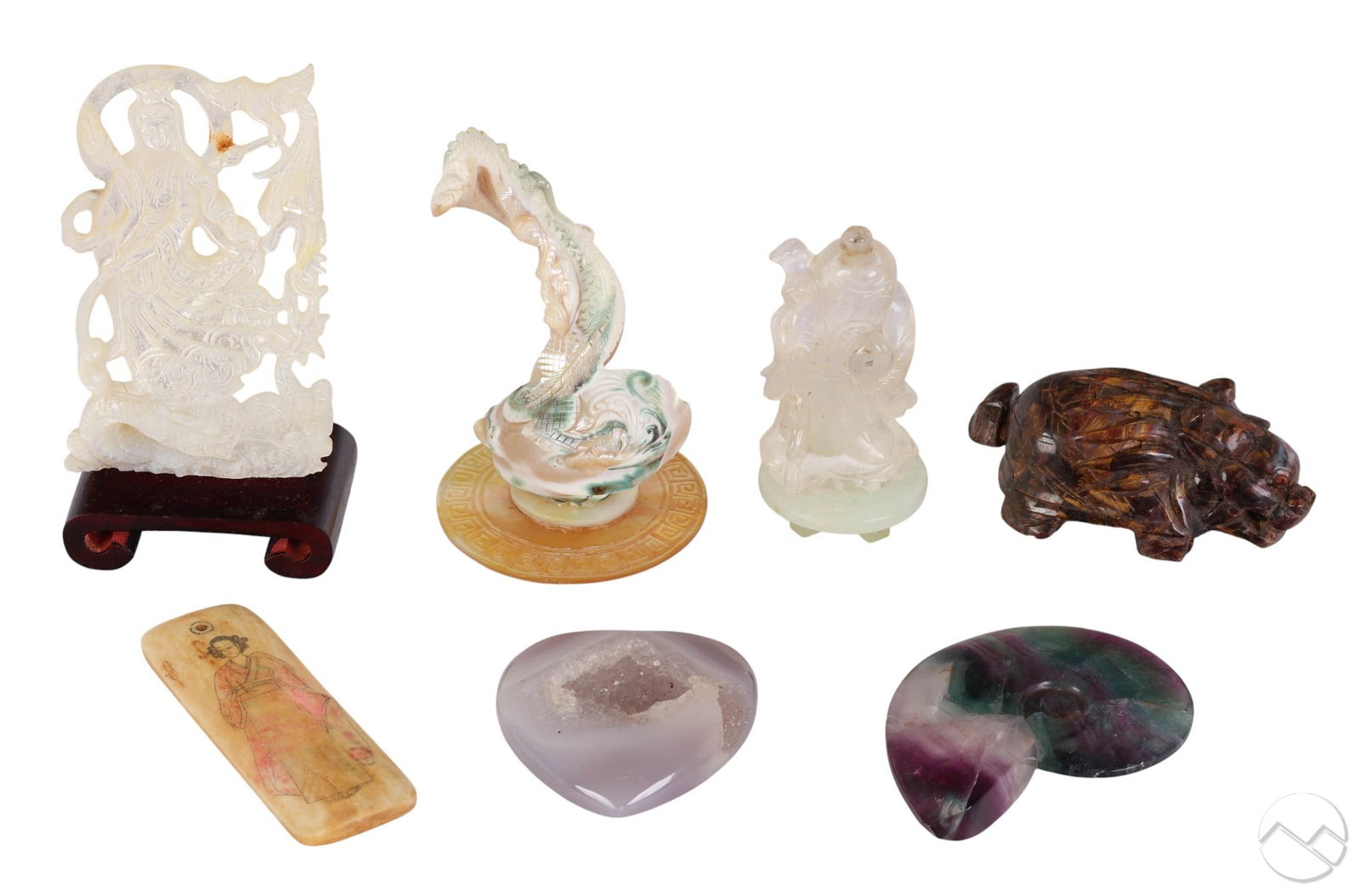 Asian Carved Mineral Gemstone Shell Sculptures LOT: Group of Asian carvings including a mother of pearl Guanyin on stand, shell fish, clear rock crystal scholar with ball, tigers eye animal figure, fluorite shell form, agate heart geode, and painted bo