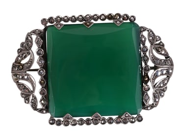 Edwardian Chrysoprase Sterling Marcasite Brooch