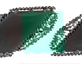 Edwardian Chrysoprase Sterling Marcasite Brooch: Edwardian sterling silver brooch with chrysoprase and marcasite, Germany, circa 1900s. Featuring a large curved-beveled square chrysoprase centerpiece, framed by an open-work foliate border densely se