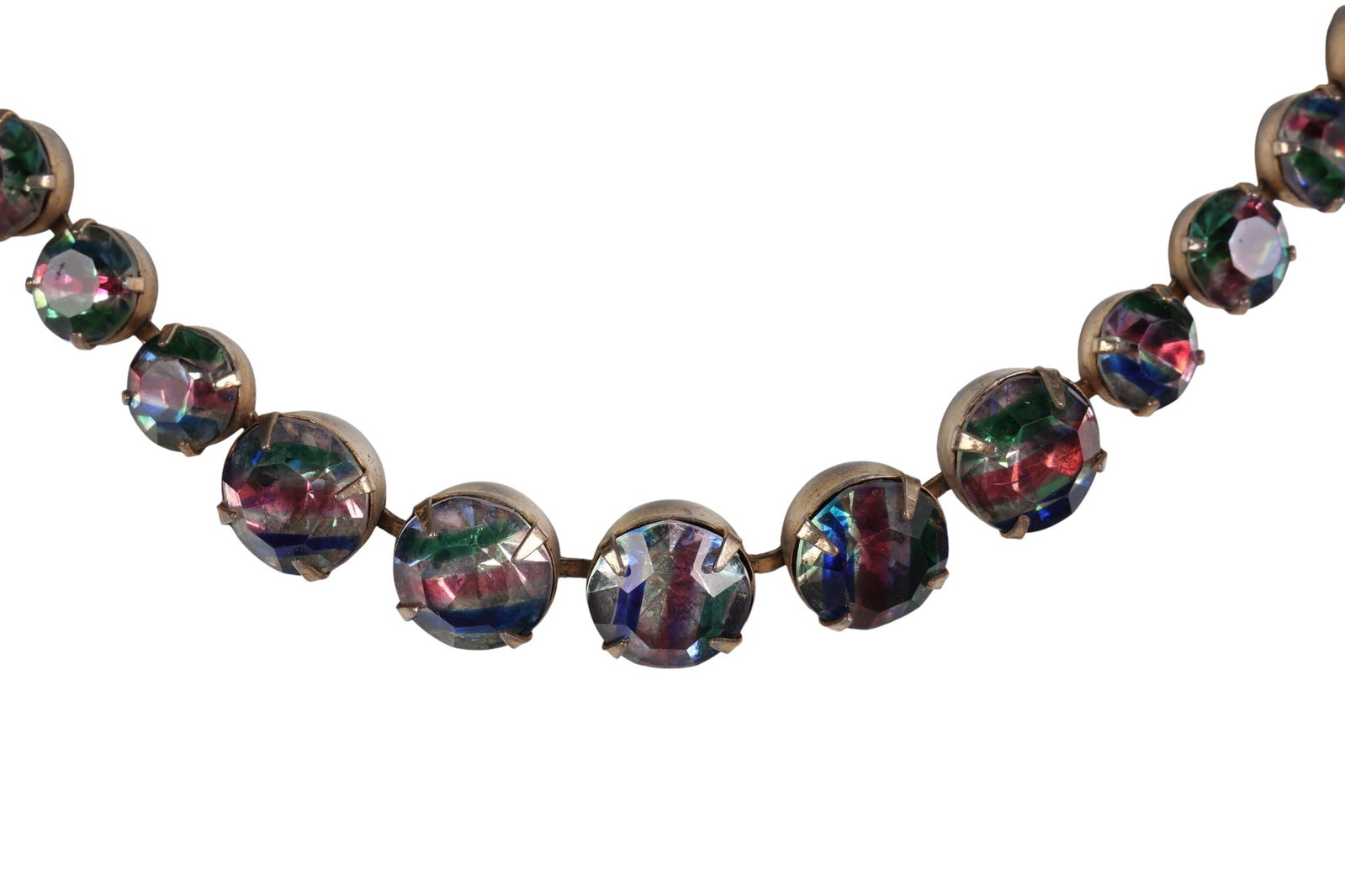 Vintage Eisenberg 50s Iris Glass Riviere Necklace: Eisenberg silver-plated iris glass riviere necklace, circa 1950s. Designed with graduated chaton-cut stones in multicolor "iris glass," arranged in a classic riviere style with an adjustable tail and 