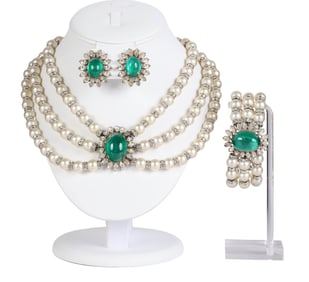Napier 1950s Pearl & Emerald Glass Parure 4pc SET