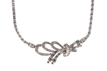 Mazer Bros 1940s Rhodium Crystal Bow Necklace VTG