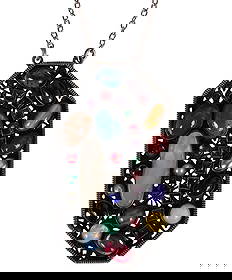 Edwardian 1900s Multi Gem Crystal Pendant Necklace: Edwardian silver-plated pendant necklace, circa 1900s . Featuring a rectangular octagonal filigree platform with a raised serrated border. The pendant is embellished with a combination of collet-set s