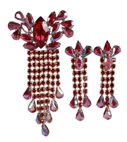 Vintage 60s Ruby AB Crystal Brooch & Earrings SET