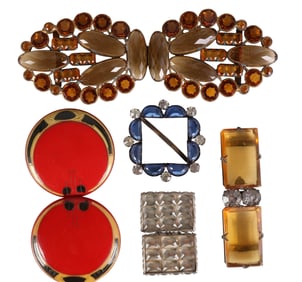 Art Deco 20s Enamel & Crystal Belt Buckle 5pc LOT