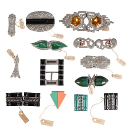 5Art Deco 1920s NOS Belt Buckles & Dress Clips SET