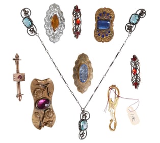 Victorian 1880s Gold Sterling and Glass Brooch LOT