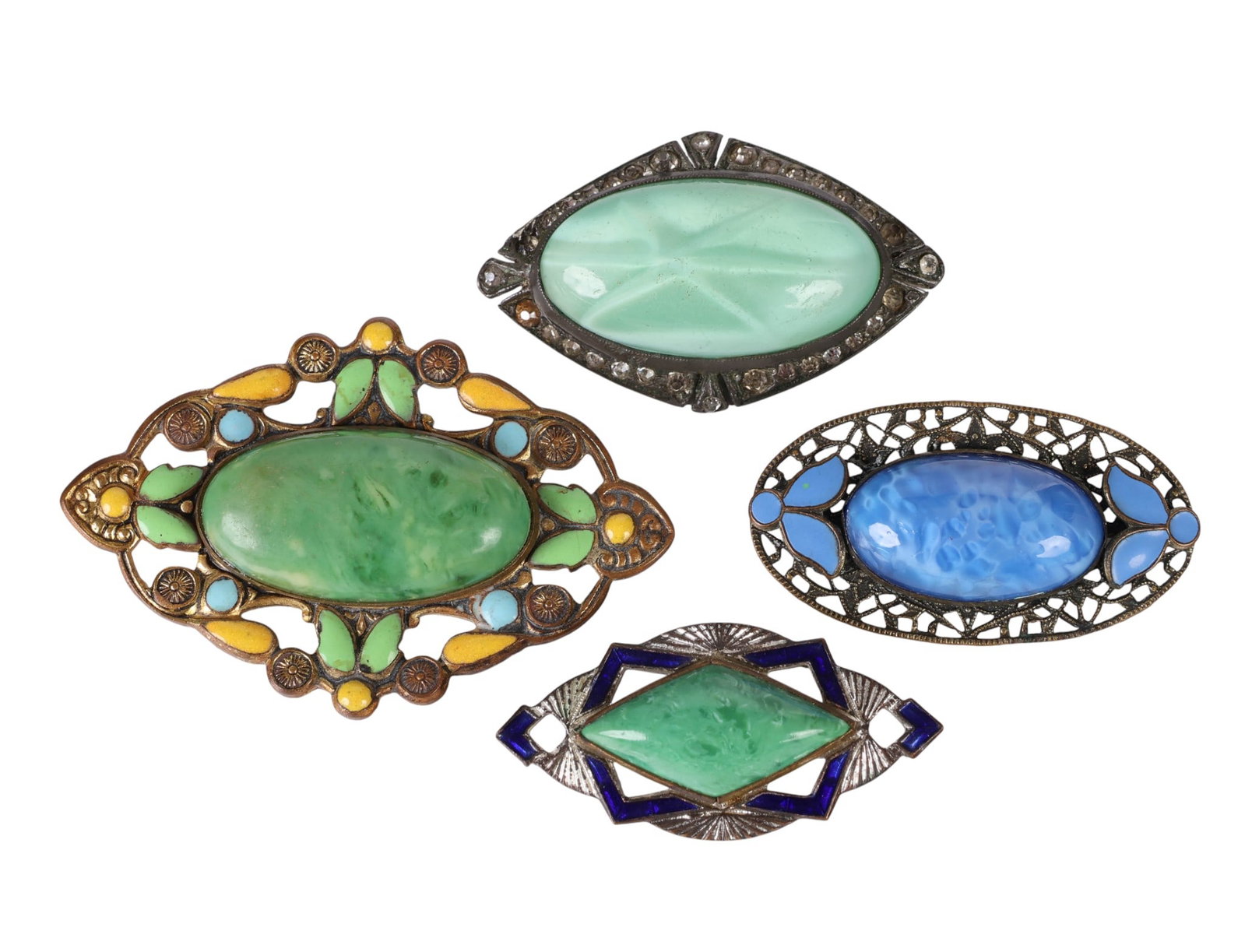Czech 1920s Art Deco Art Glass & Crystal Brooches: Czech estate collection of four vintage Art Deco brooches from the 1920s, crafted in gold- and silver-plated metal, with one example in sterling silver. The set features a variety of materials includi
