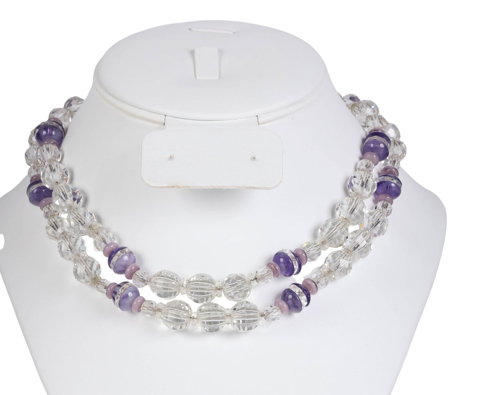 Edwardian Sterling Crystal and Art Glass Necklace: Edwardian antique two-strand necklace from the 1910s featuring lead crystal and art glass elements strung on sterling chain. The design includes checkerboard-faceted crystal beads and discs, alternati