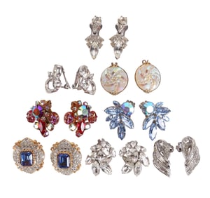 8 Pairs Designer 50s-80s Crystal Clipback Earrings