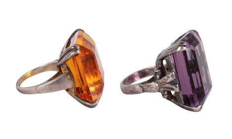 40s Sterling Amethyst & Citrine Cocktail Ring LOT