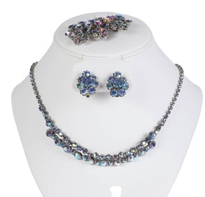 Triad AB 50s Blue Crystal Necklace Brooch Earrings