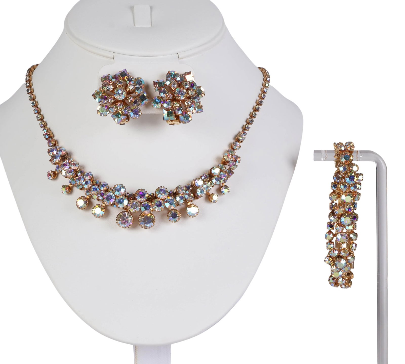 Triad AB Crystal Necklace Bracelet Earrings 1950s (1 of 8)