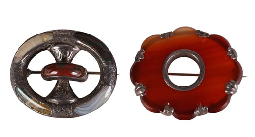2 Victorian Scottish Agate Sterling Brooches 1890s