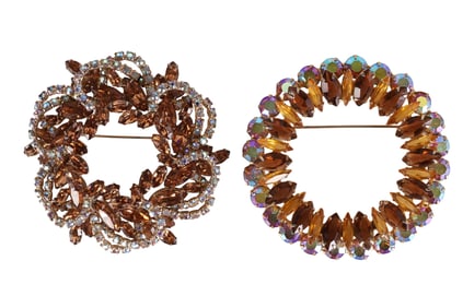 1950s Vintage Amber & AB Crystal Brooches 2pc LOT