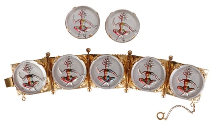 Massive Asian Painted Glass Bracelet Earrings SET
