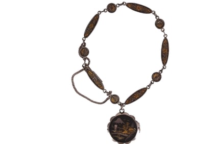Japanese Art Deco Niello Link Bracelet with Locket