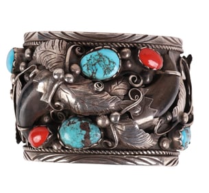 Native American Sterling Coral Claw Cuff Bracelet