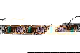 Vintage Amethyst & Peking Art Glass Bracelet 1940s: Vintage gold-plated hinged box-link bracelet, circa 1940s. Features alternating heavy square box links - some with smooth surfaces set with rectangular amethyst art glass cabochons, others with intric