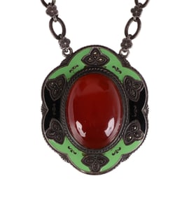 Edwardian c.1910 Sterling Carnelian Enamel Pendant