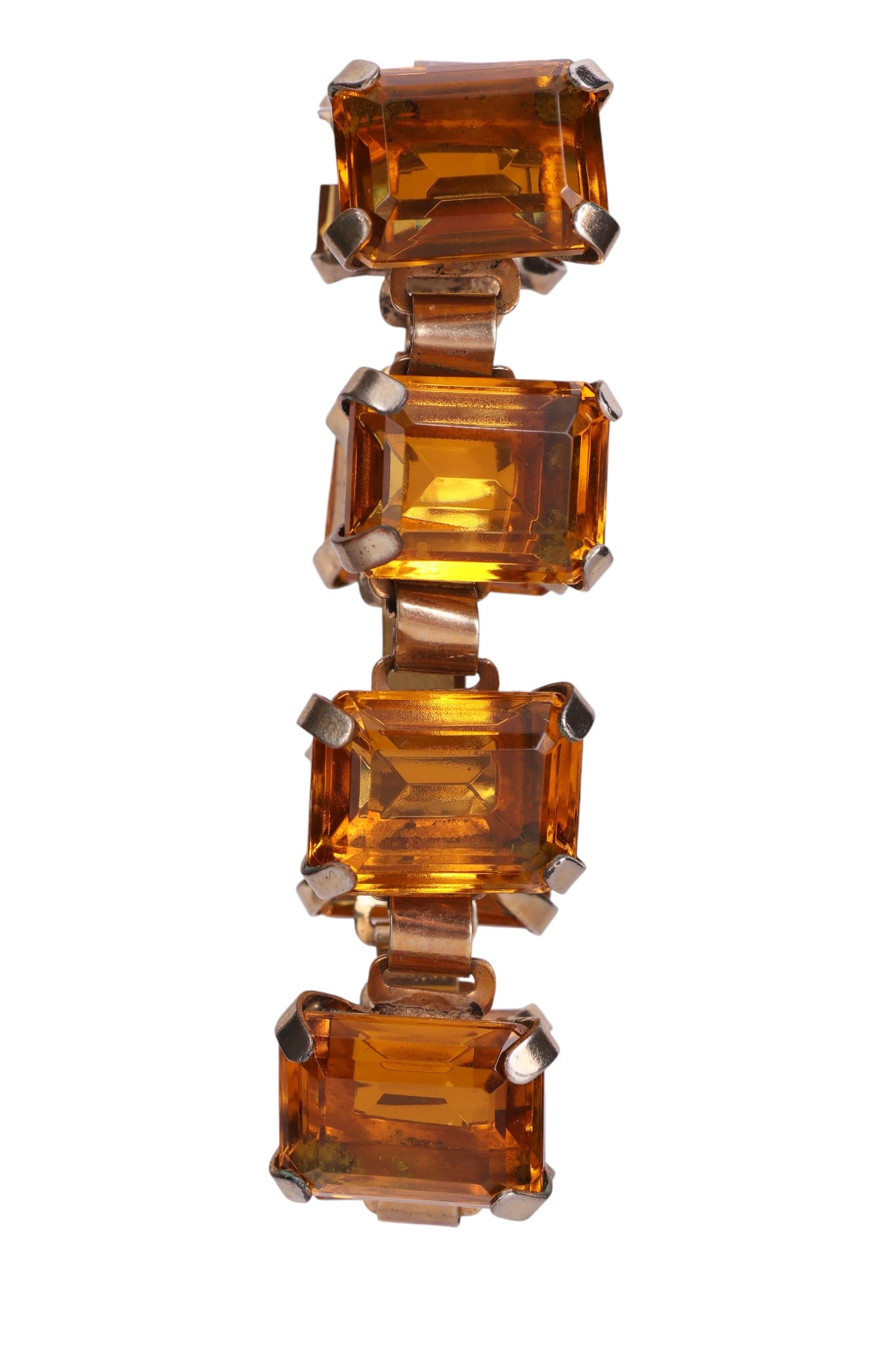 Mazer Vintage 40s Gilded Sterling Citrine Bracelet: Vintage Mazer Bros. gold-plated sterling silver link bracelet with cognac citrine crystals, circa 1940s. Rectangular step-cut citrine-hued crystal stones are set in deep basket settings with wide pron