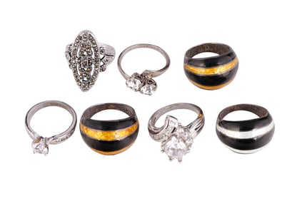 VTG Sterling CZ Enamel and Marcasite Rings 7pc LOT