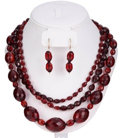 Art Deco Cherry Amber Bakelite Necklace & Earrings
