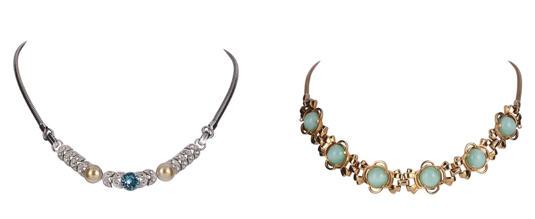 Vintage 40s Designer Sterling Art Glass Necklaces: Two vintage designer sterling necklaces by Mazer Bros. and Engel Bros., circa 1940s. The Engel Bros. necklace is rhodium-plated sterling and features a center aqua faceted crystal flanked by double-le