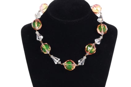 Peach Citrine Vaseline Glass and Crystal Necklace