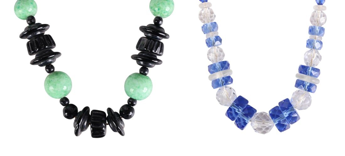 Art Deco 1920s Czech Art Glass & Crystal Necklaces: Two vintage Art Deco Czech necklaces, circa 1920s. One features a strand of Peking glass beads and French jet black glass seed beads, with a center section composed of larger Peking glass beads and Fr