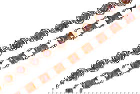 Edwardian c1910 Dragons Breath Art Glass Bracelets: Two antique Dragon's Breath art glass silver-plated link bracelets, circa 1910s. One features hexagonal filigree platforms with serrated-bezel-set round opalescent cabochons and folded flattened conne