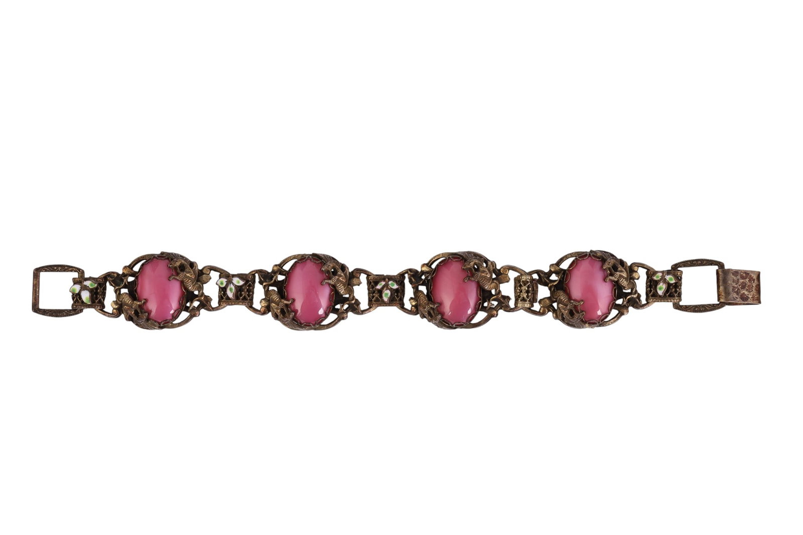 Antique Art Deco Czech Art Glass Dragons Bracelet: Antique Art Deco Czech gold-washed bracelet, circa 1920s. Each openwork platform features a mauve pink art glass cabochon in a scalloped bezel setting, flanked by detailed dragon motifs wrapping aroun