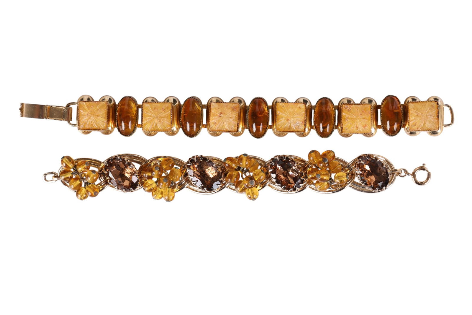 50s Vintage Designer Art Glass Link Bracelets LOT: Two vintage gold-plated art glass and crystal link bracelets, circa 1950s. One bracelet features linked lozenge-shaped segments set with citrine glass oval cabochons alternating with square etched gla