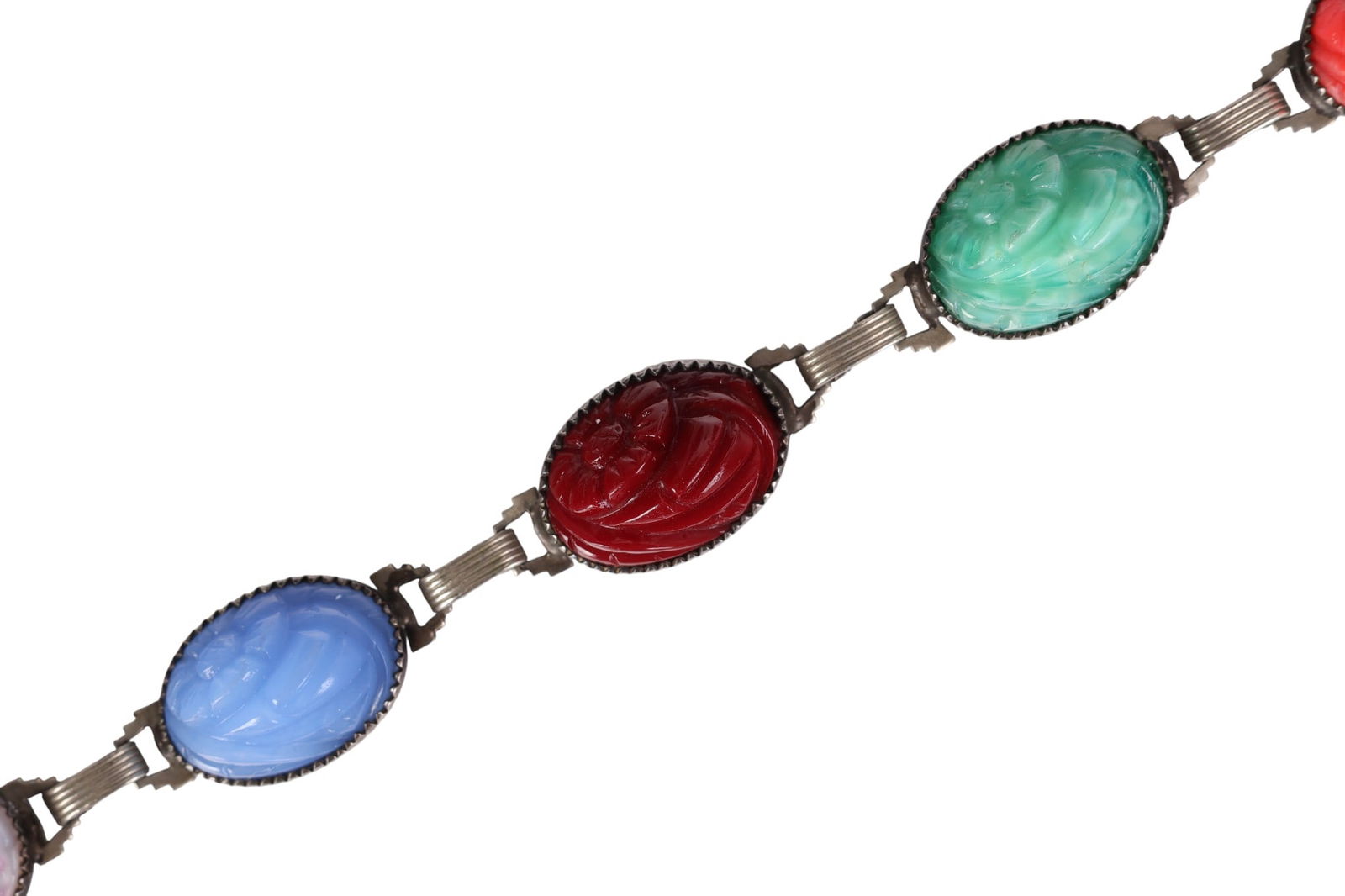 Antique Arts and Crafts Designer Sterling Bracelet: Antique Josef Hoffman Austria Arts & Crafts sterling link bracelet, circa early 1900s. The design features oval stations with molded floral glass stones mimicking rose quartz, blue chalcedony, bloodst