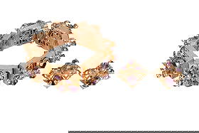 Massive 60s Designer Amethyst Crystal Bracelet SET: Vintage massive St. Labre (unsigned) gold-plated hinged box-link bracelet with matching clipback earrings, circa 1960s. Three-dimensional construction with large hinged box links featuring filigree pa