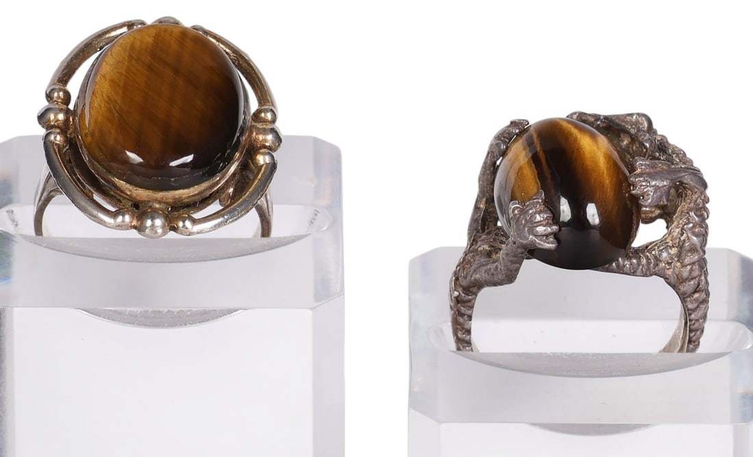 1940s Vintage Sterling Tigers-Eye Rings Dragon LOT (1 of 6)