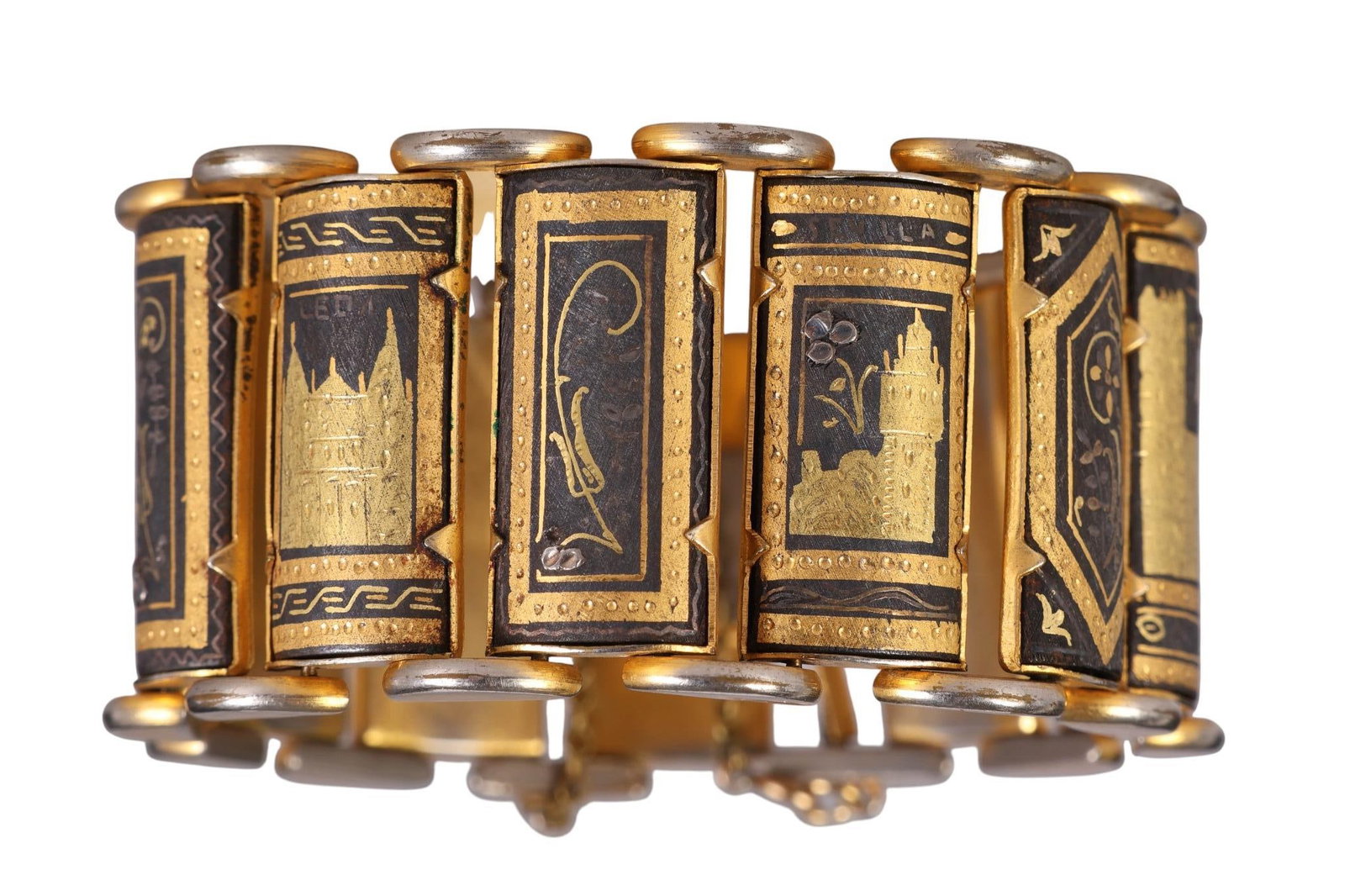 Vintage Spanish Damascene Link Bracelet 1950s: Vintage Spanish damascene gold-plated link bracelet, circa 1950s. Features rectangular slightly domed panels with detailed city scenes and floral motifs in traditional gold and matte black, linked by