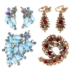 1950s Designer Crystal Brooch & Earrings 2 x SETS