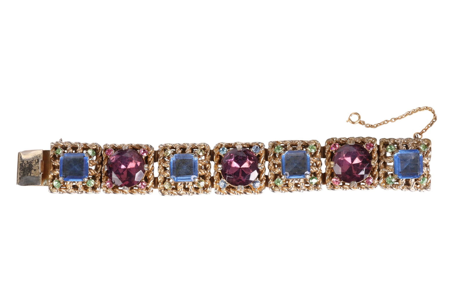 VTG 1950s Florentine Pink & Blue Crystal Bracelet: Vintage gold-plated Florentine-style crystal bracelet, circa 1950s. The design features a series of linked three-dimensional box settings with intricate patterns formed from thick twisted-rope metalwo