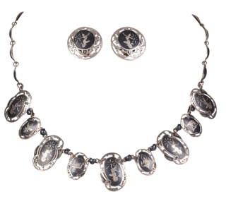 Siam Sterling Niellowork Necklace & Earrings 1940s