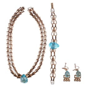 30s Art Deco Sterling Vermeil Aqua Crystal Parure