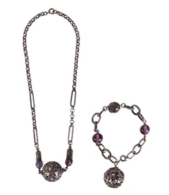 Victorian Silver Amethyst Glass Necklace Bracelet