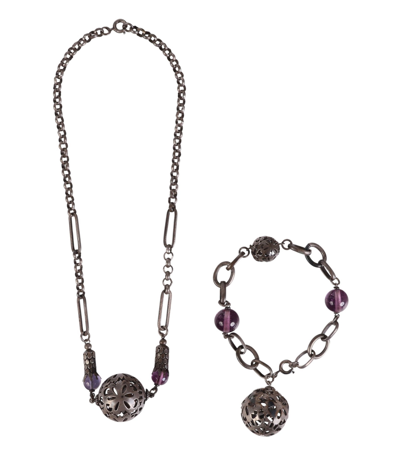 Victorian Silver Amethyst Glass Necklace Bracelet (1 of 6)