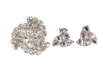 Eisenberg VTG 1950s Rhodium and Crystal Brooch SET