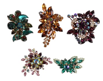 Beau Jewels 50s Art Glass & Crystal Brooch 5pc LOT