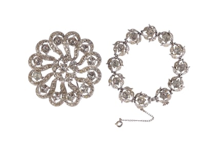 Bogoff 50s Rhodium Crystal Bracelet Brooch 2pc LOT