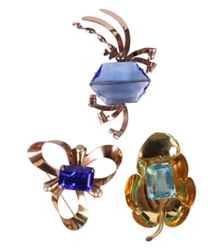 Sterling Silver Vermeil 40s Crystal Brooch 3pc LOT